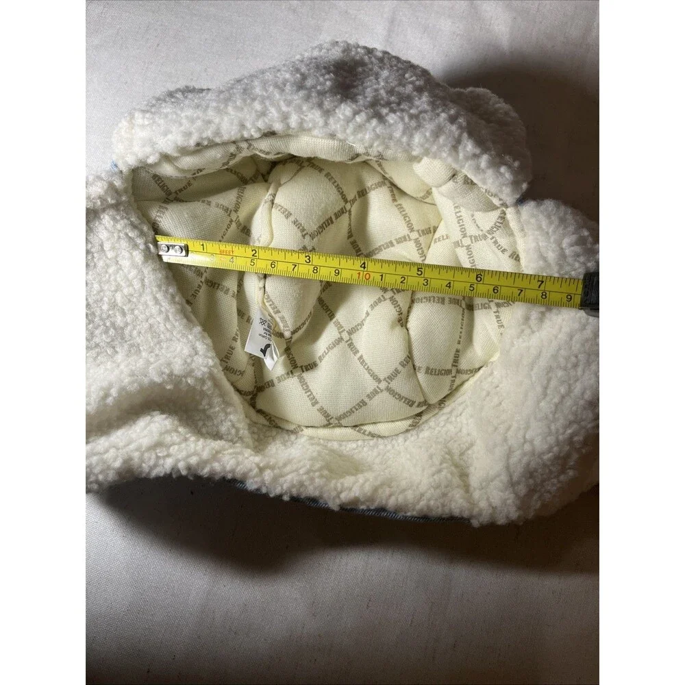True Religion Trapper Hat - Light Wash Denim - Faux Fur - Pockets/Chin Strap